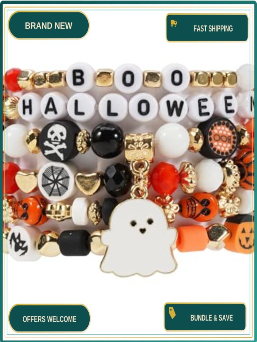 Heishi Beaded Stretch Bracelets Stackable Halloween Charm Set of 6